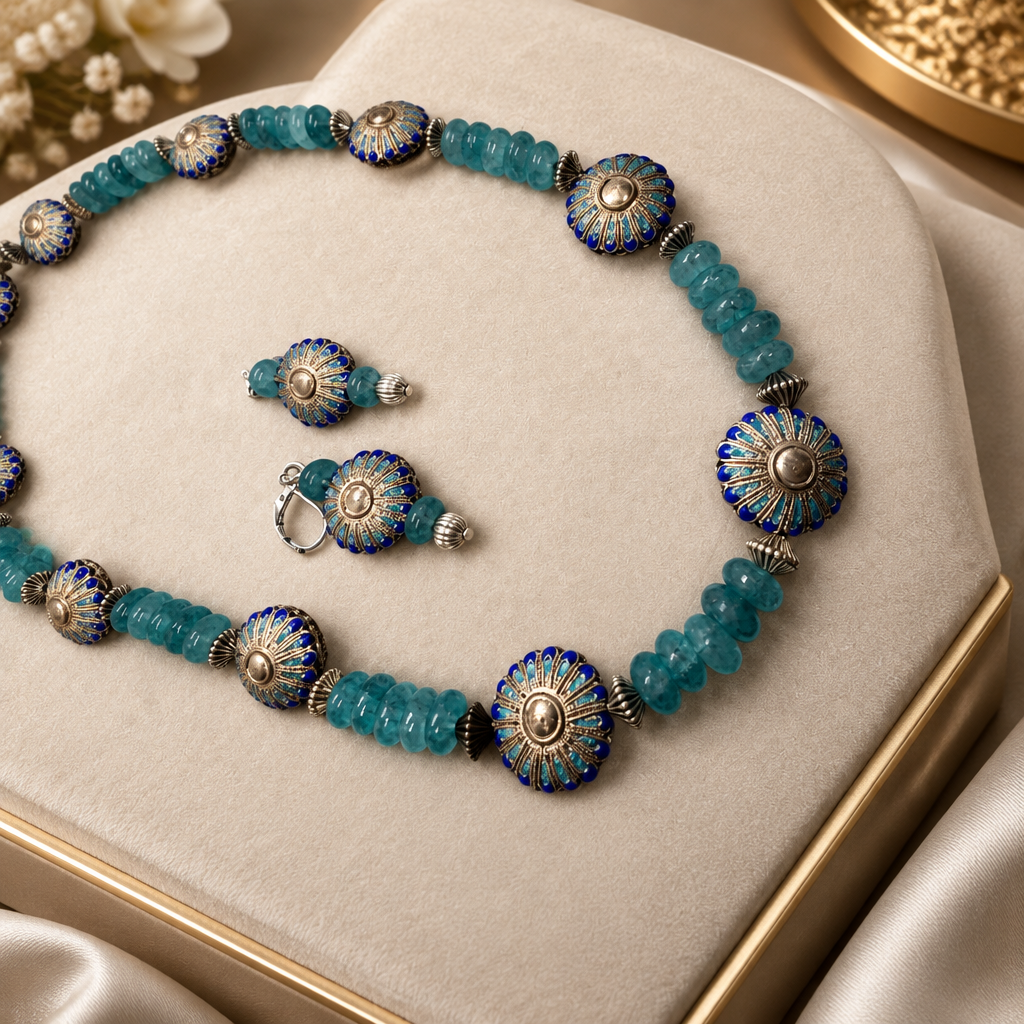 Natural crystal beaded necklace and earrings set